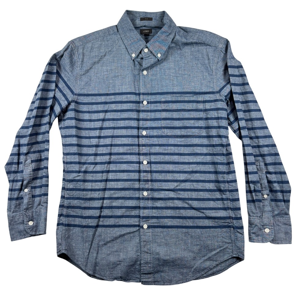 J.Crew Button Down Shirt Mens M Blue Striped Slim Fit Chambray Long Sleeve